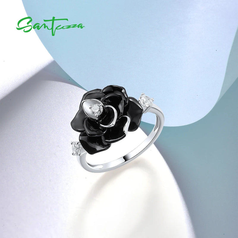 Sterling Silver White CZ Black Flower Enamel Ring For Women