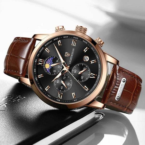 Luxury Men's Fashion Watch with Leather Strap and Waterproof Chronograph Features