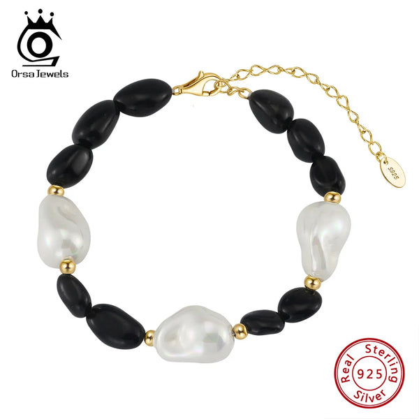 Sterling Silver Obsidian and Shell Pearl Bracelet for Women