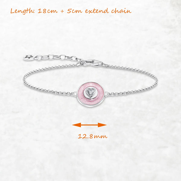 925 Sterling Silver Pink Disc Heart Zircon Bracelet for Women