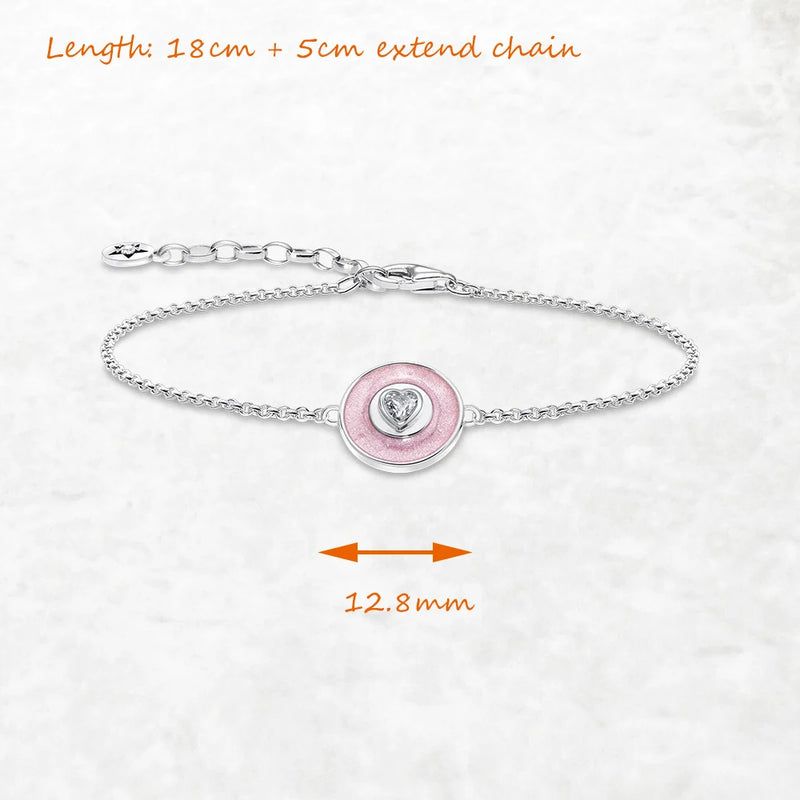 925 Sterling Silver Pink Disc Heart Zircon Bracelet for Women