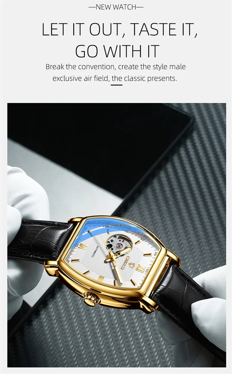 Stainless Steel Fashion Square Hollow Out Mechanical Watch for Men