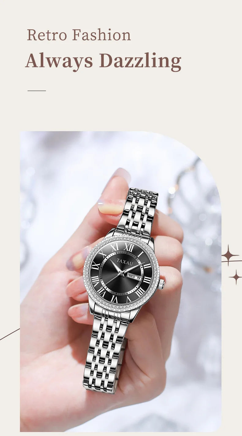 Stainless Steel Luxury Waterproof Luminous Quartz Calendar Watch for Women