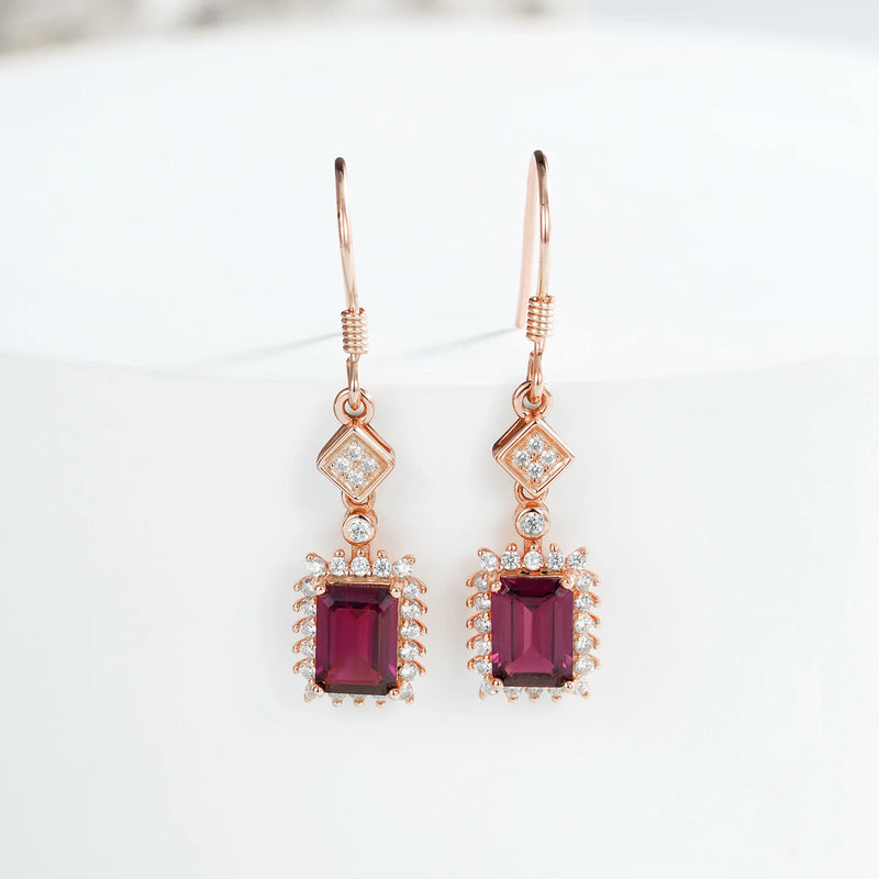 Sterling Silver Natural Purple Garnet Dangle Earrings for Women