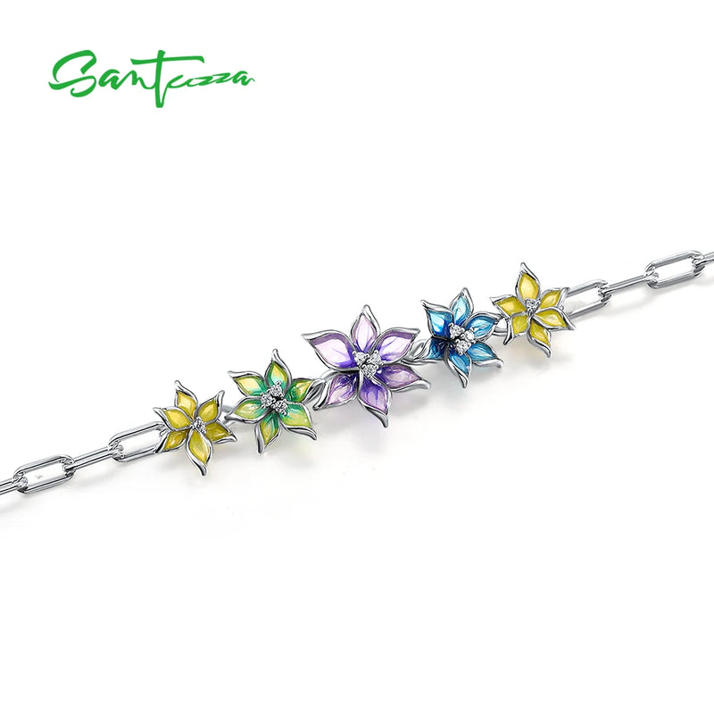 Sterling Silver Bracelet with Enamel Flowers for Women