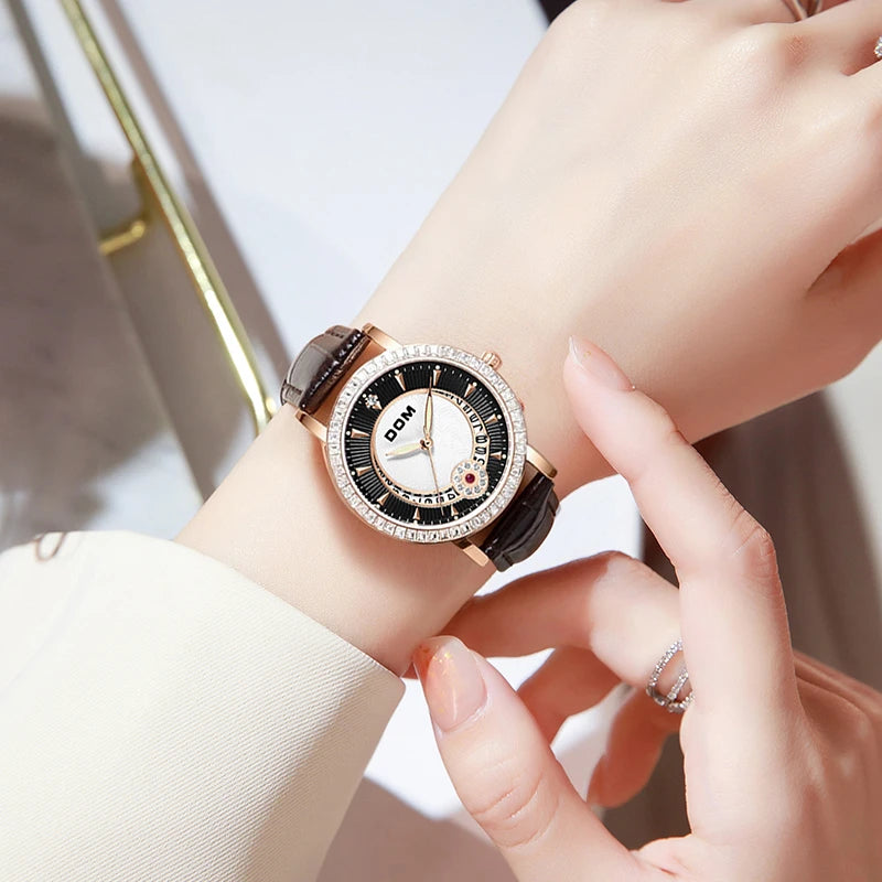 Black Diamond Quartz Leather Watch for Women