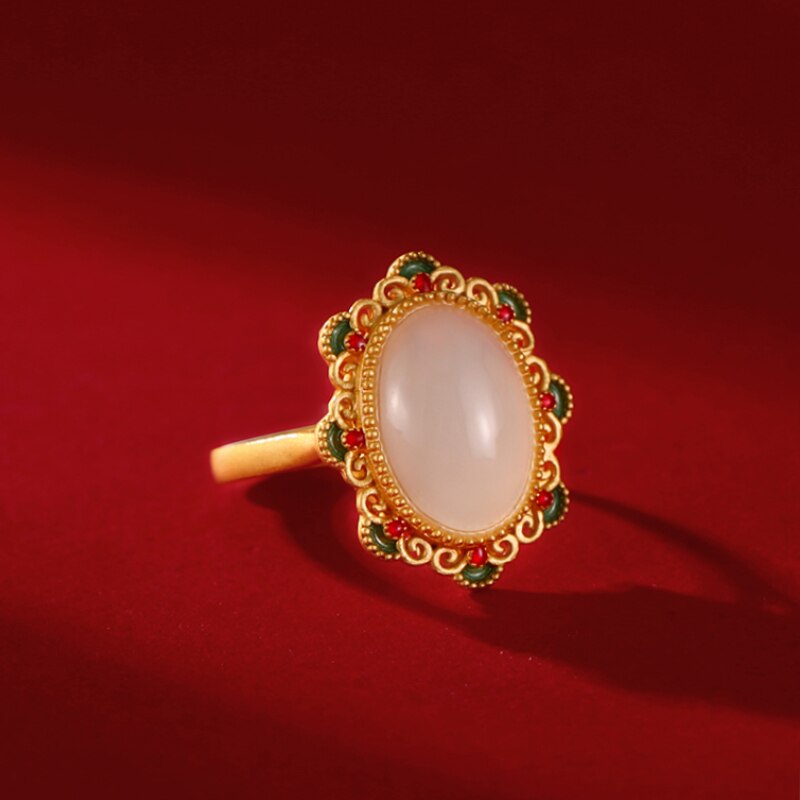 Silver Hetian jade flower rings with diamonds for women