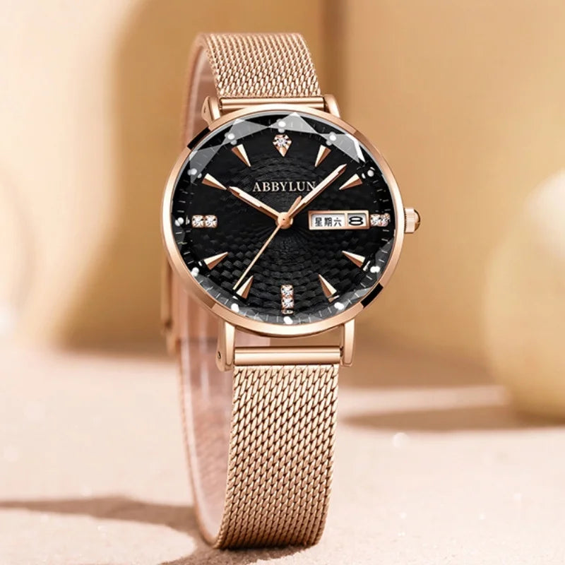 Stainless Steel Mesh Waterproof Quartz Watch with Diamond Dial for Women