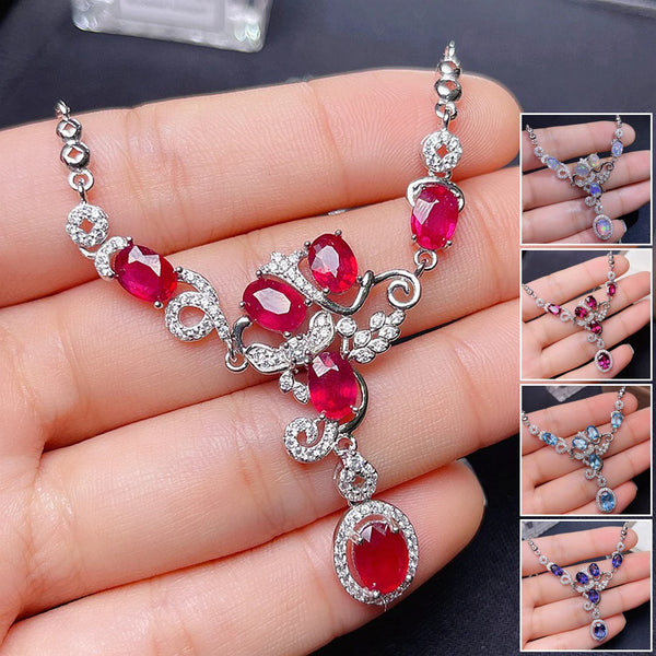 925 Silver Natural Ruby/Topaz/Garnet Pendant Necklace for Women