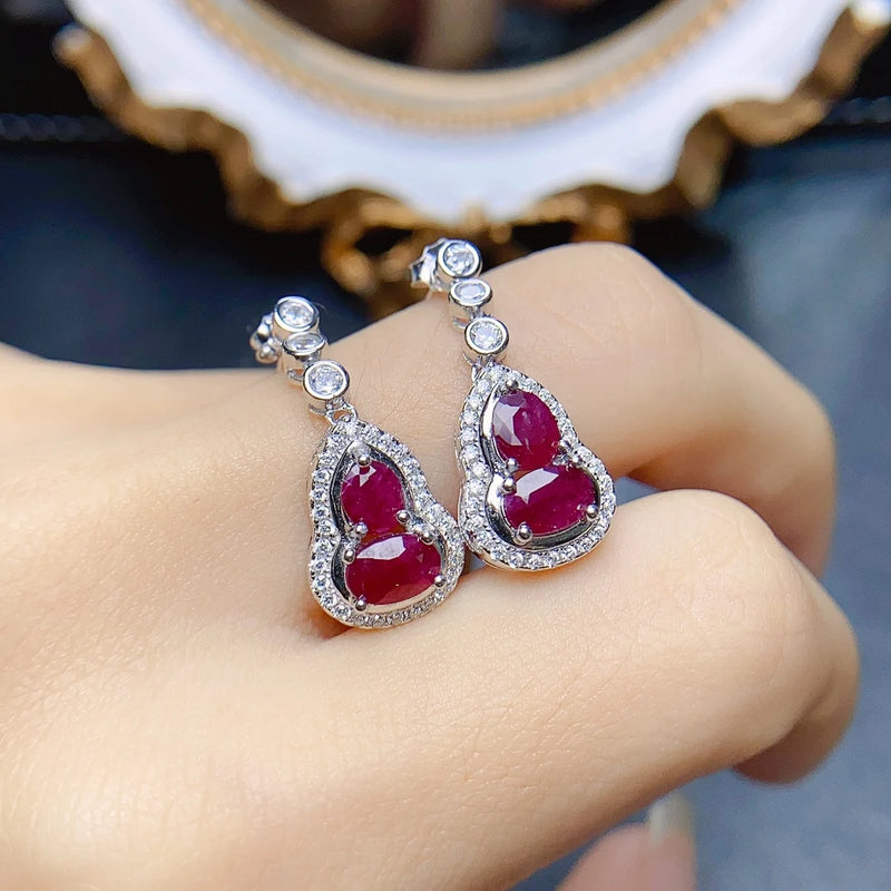 Sterling Silver Natural Ruby Gourd Earrings for Women