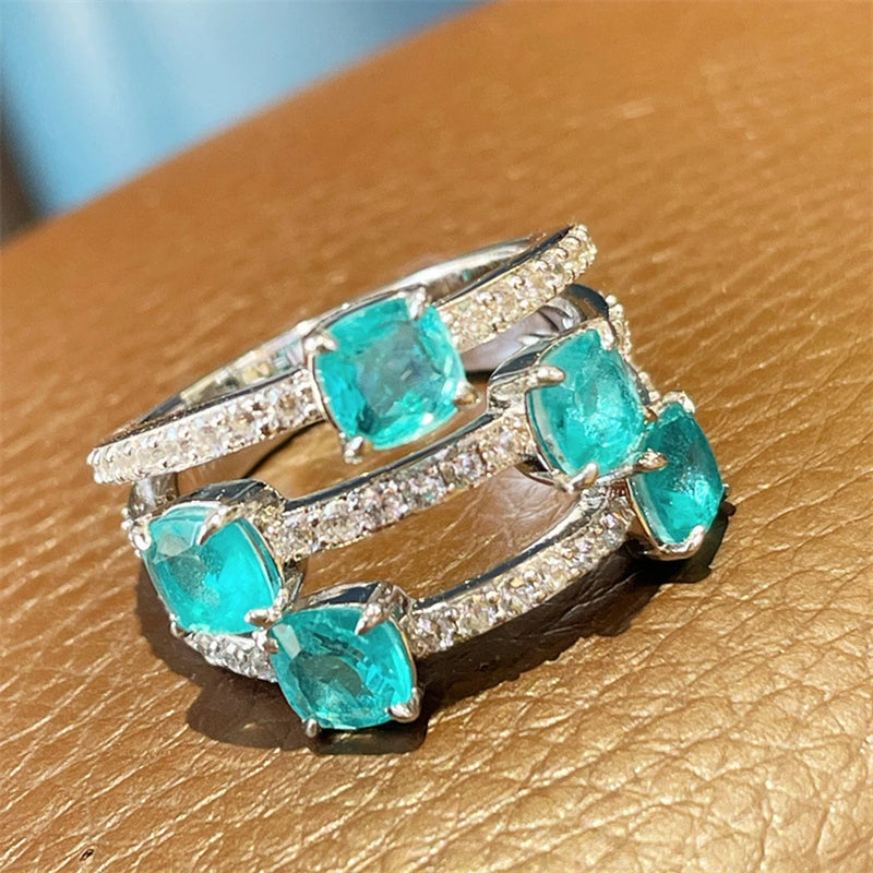 925 Sterling Silver Paraiba Tourmaline and Diamond Ring for Women