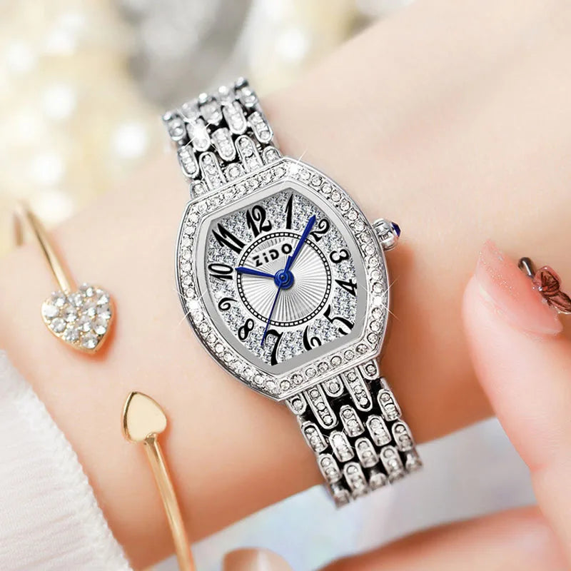 Silver Diamond-inlaid Barrel Shaped Digital Watch for Women