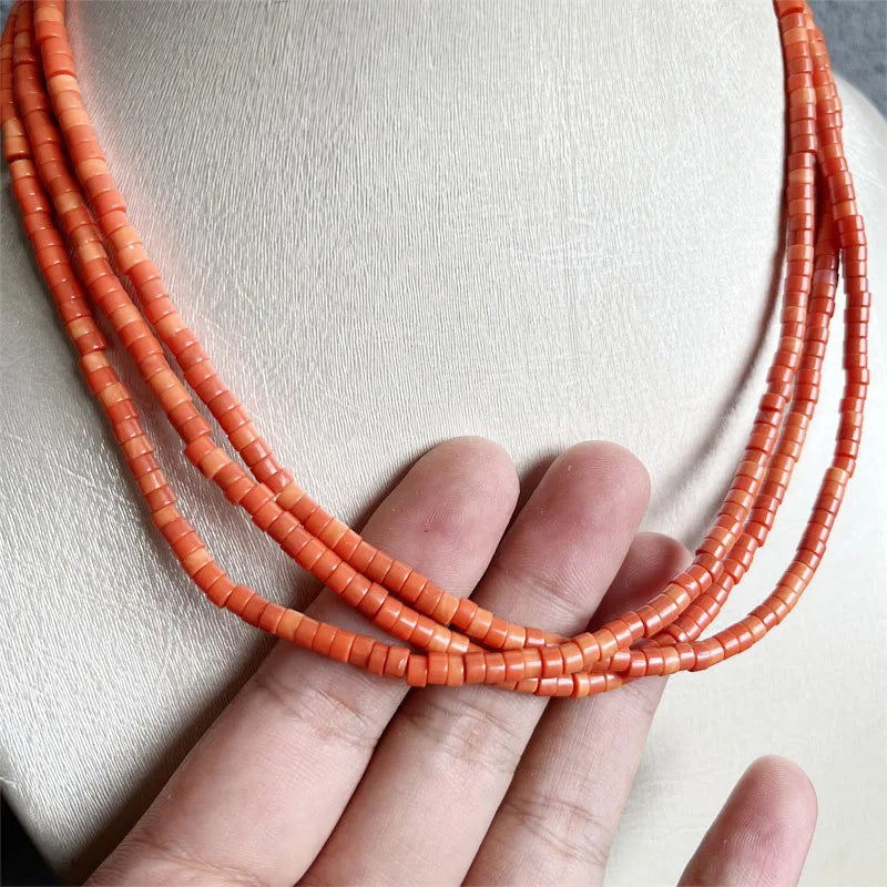 Gold Heishi Necklace with Natural Orange Red Coral for Women