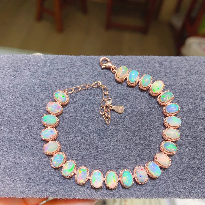 Sterling Silver Natural Opal Bracelet Colorful Stone Bangle for Women