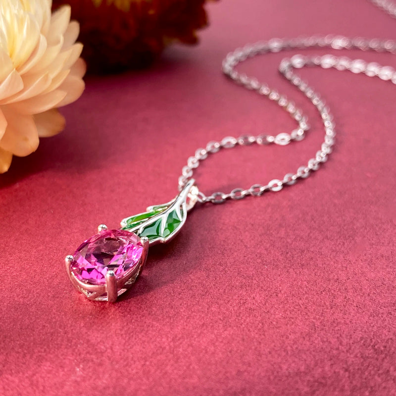 Sterling Silver Green Leaf Pendant Necklace with Pink Topaz for Women