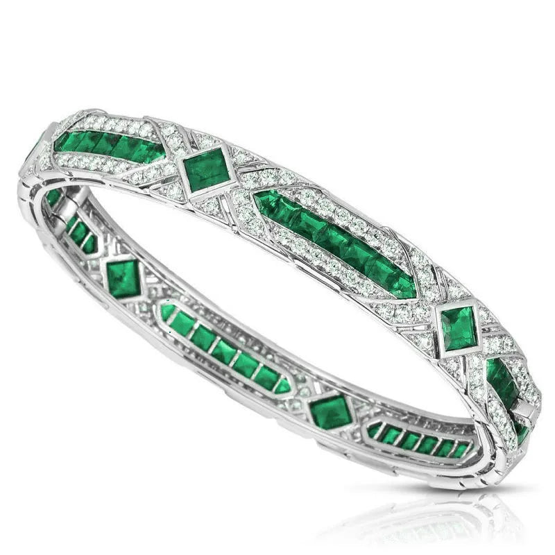 925 Sterling Silver Princess Cut Emerald High Carbon Diamonds Gemstones Bracelet