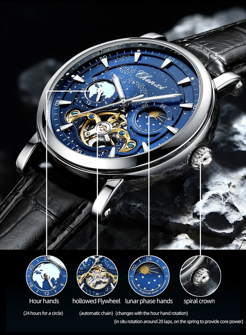 Stainless Steel Milky Way Moon Phase Hollow Flywheel Mechanical Watch for Men