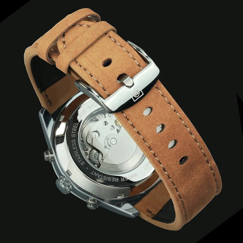 Stainless Steel Leather Strap Mechanical Watch with Date Display and Luminous Hands for Men