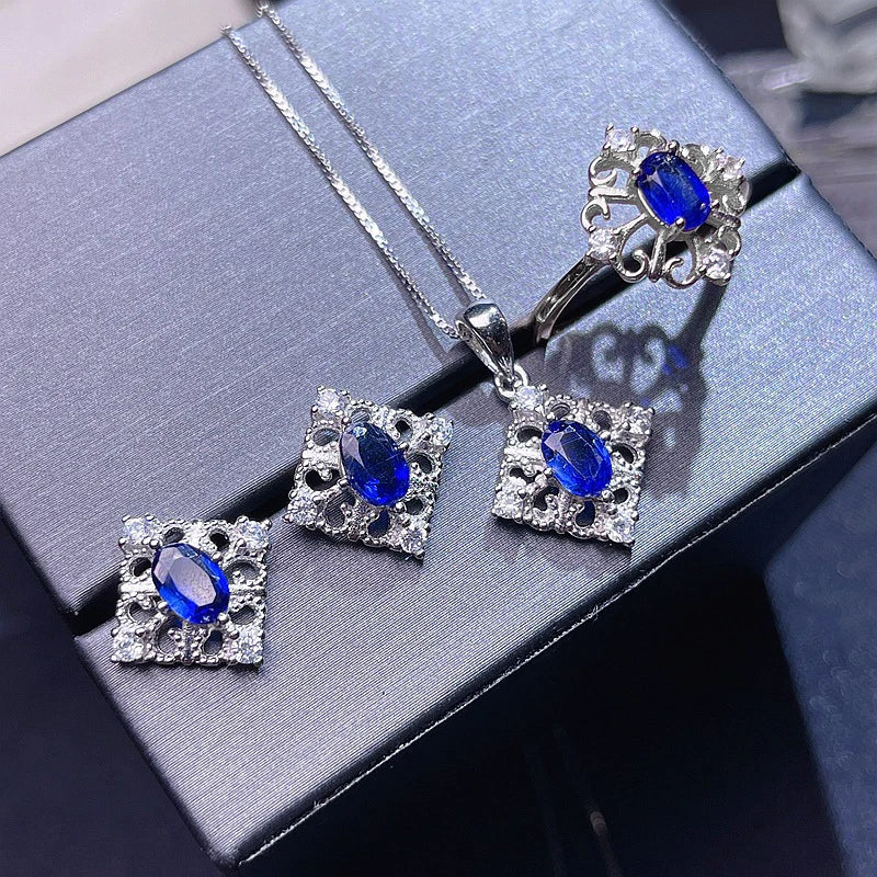 925 Sterling Silver Natural Sapphire 4mm*6mm Jewelry Set for Women