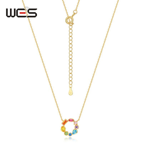 Sterling Silver Rainbow Zircon Circle Necklace for Female