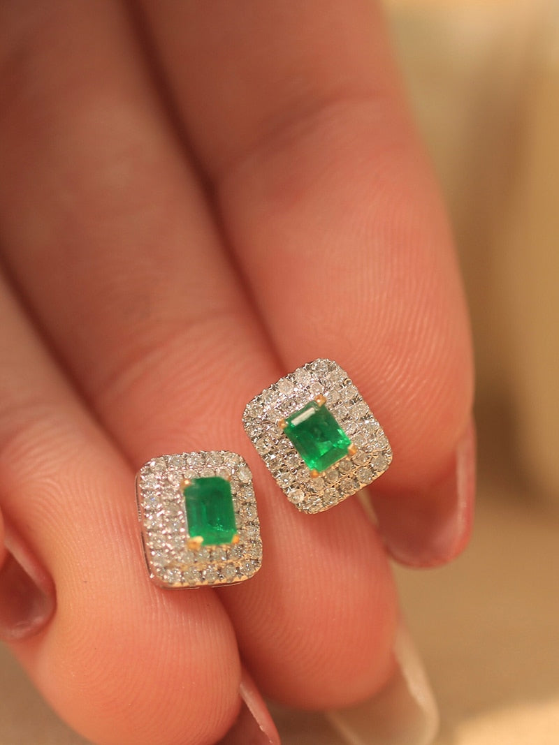 18K White Gold Natural Diamond and Emerald Halo Earrings for Women