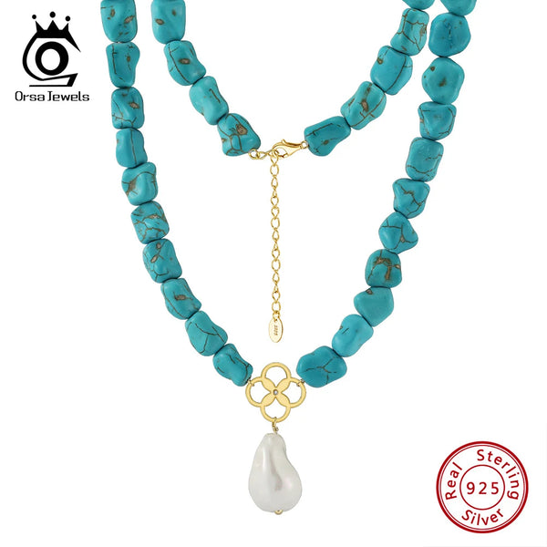 S925 Silver Turquoise Baroque Shell Pendant Necklace for Women