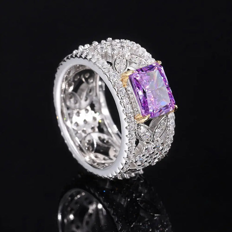 Sterling Silver 2CT Radiant Cut Moissanite, Emerald, Amethyst, Aquamarine Ring for Women