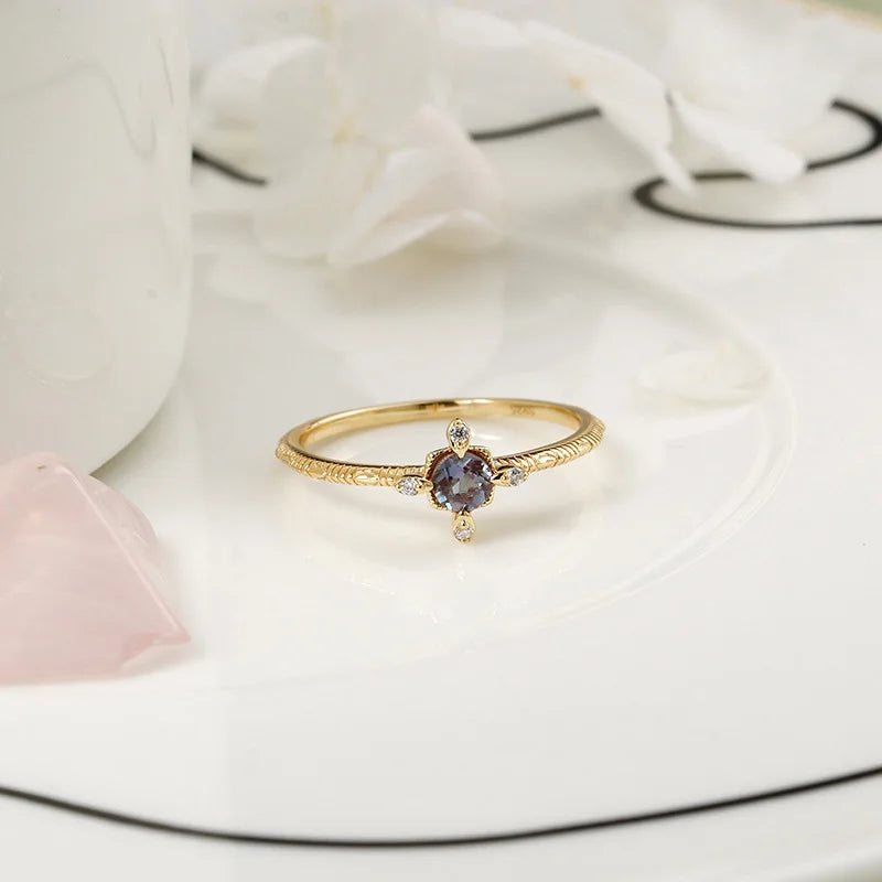 925 Sterling Silver Light Gold Vermeil Synthetic Blue Purple Alexandrite Ring for Women