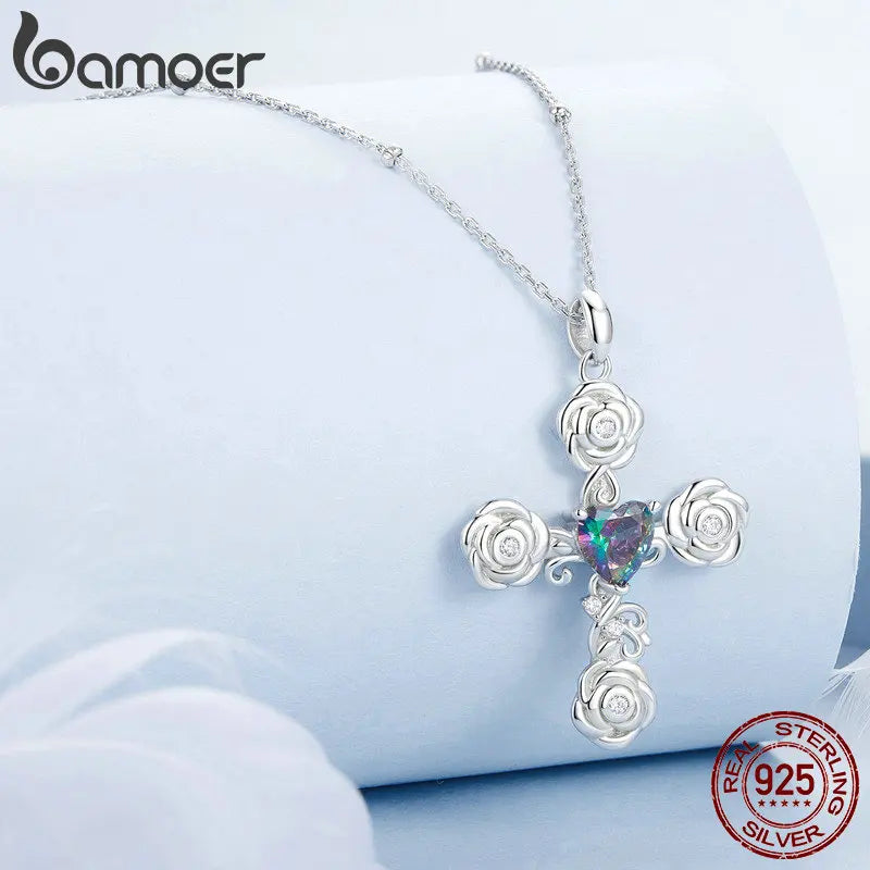 Sterling Silver Cross Pendant Necklace with Rose Pattern for Women