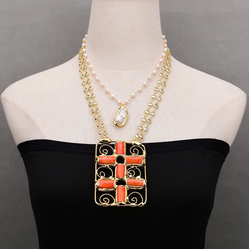 White Gold 2 Rows Keshi Pearl & Zirconia Chain Necklace with Coral Crucifix Pendant for Women