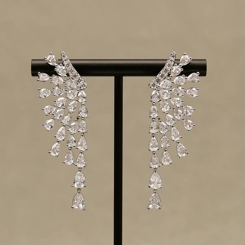 Silver Feathers Dangle Earrings with Shiny CZ Stone for Women