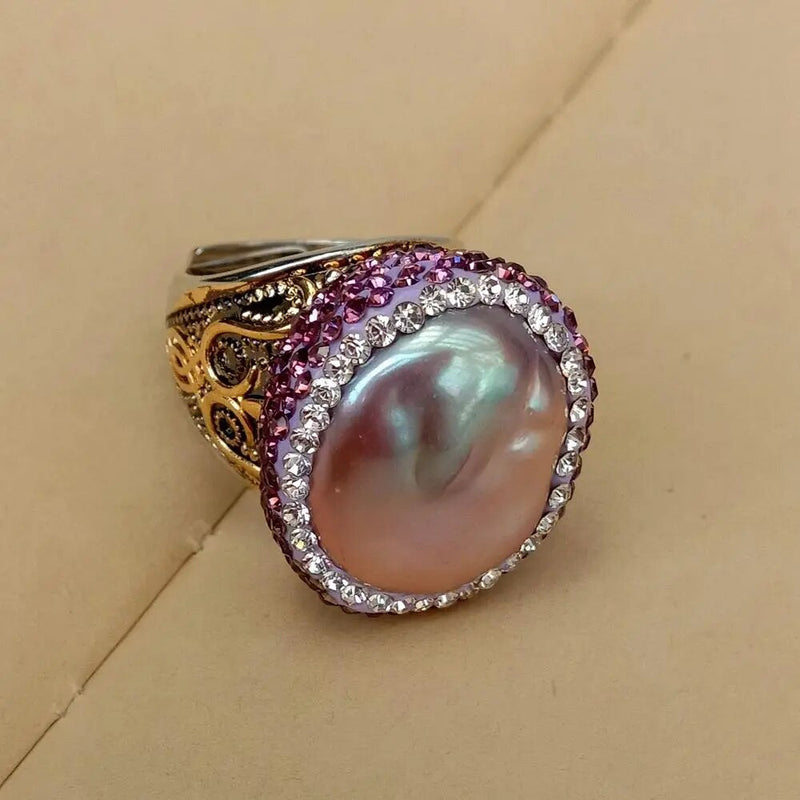 Adjustable Plated Purple Keshi Pearl and Crystal Ring for Women