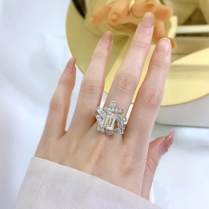 Sterling Silver 4 Carat Emerald Cut Diamond Geometric Ring for Women