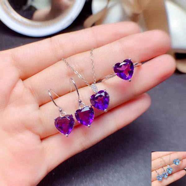 925 Sterling Silver Amethyst/Topaz Heart Jewelry Set for Women