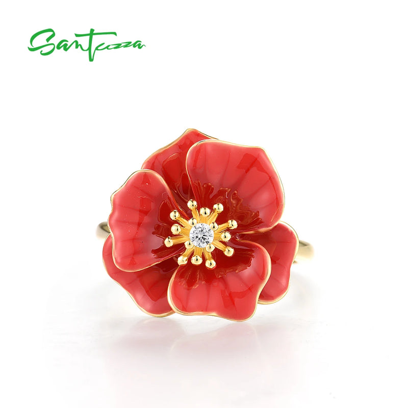 Sterling Silver Ring with White CZ & Red Enamel Flower for Women