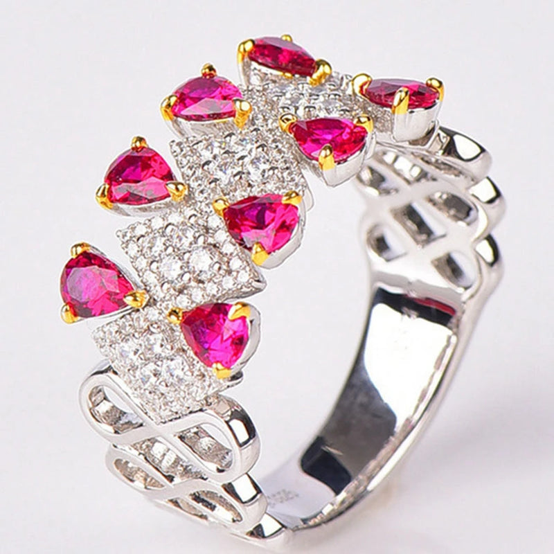 925 Sterling Silver Pear Cut Ruby High Carbon Diamond Gemstone Row Ring for Women