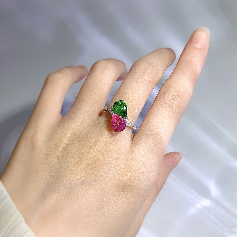 925 Sterling Silver Pear Cut 2 ctw Green Red High Carbon Diamond Rings for Women