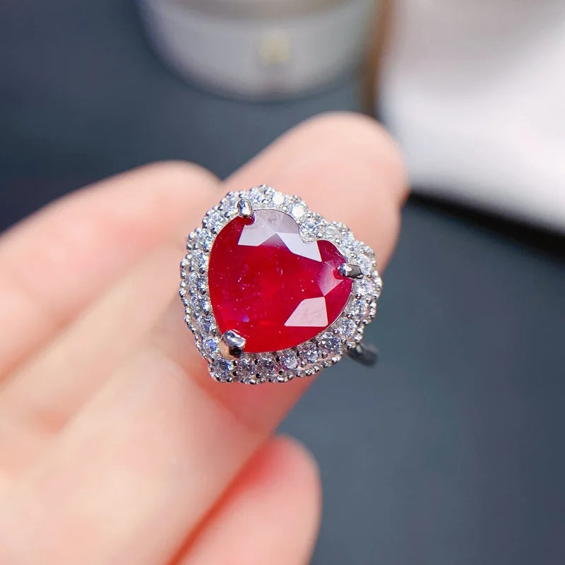 925 Sterling Silver Natural Real Ruby Heart Shape Ring for Women