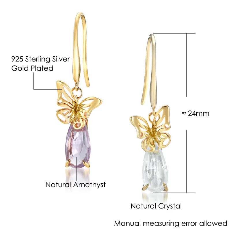 925 Sterling Silver Gold Plated Amethyst Crystal Butterfly Dangle Earrings for Women