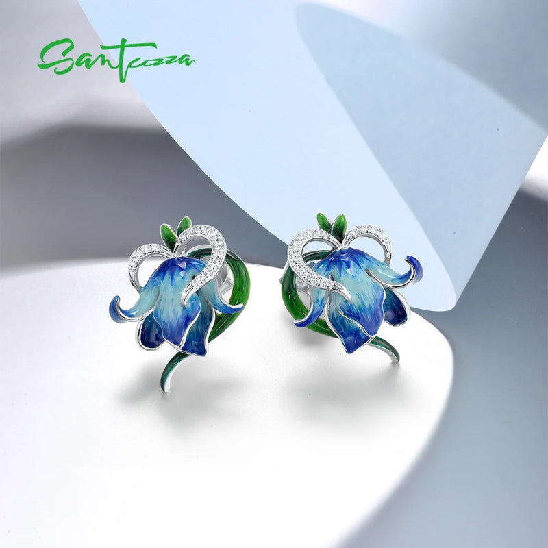 Sterling Silver Sparkling White CZ Blue Enamel Flower Earrings for Women