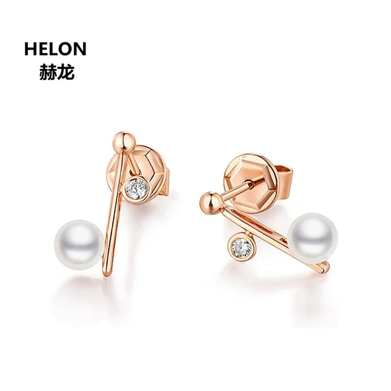 14k Rose Gold Freshwater Pearl Earrings with Natural Diamonds for Women