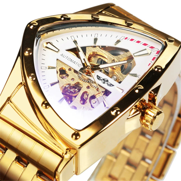 Golden Stainless Steel Triangle Skeleton Mechanical Watch for Men