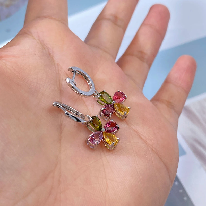 925 Sterling Silver Natural Color Tourmaline Flower Earrings for Women