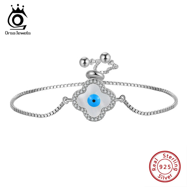 Sterling Silver Clover Shell Evil Eye Bracelet for Women