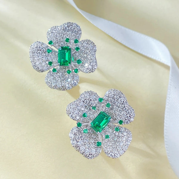 925 Sterling Silver Emerald & Diamond Flower Ear Studs with 4x6 mm Gemstones