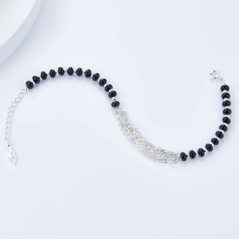 Sterling Silver Multi-layer Chain with Black Agate Bracelet for Women