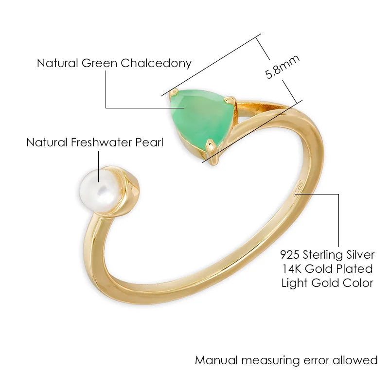 Gold Plated Silver Green Chalcedony Freshwater Pearl Adjustable Ring for Women