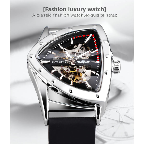 Stainless Steel Transparent Triangle Mechanical Automatic Luminous Wristwatch for Men