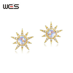 Sterling Silver Blue Moonstone Starburst Stud Earrings for Women