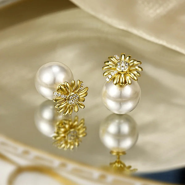 Silver Gold Plated 10mm Shell Pearl Daisy Flower Earrings for Women